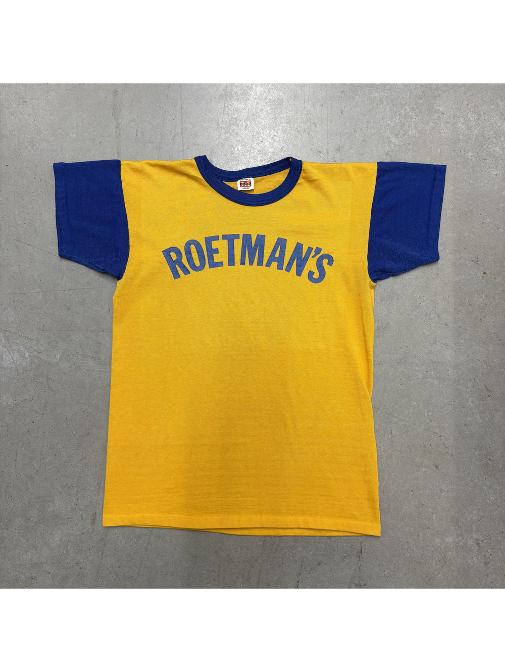 Vintage 60s Roetman's Spellout Two Tone Ringer T-Shirt Medium Yellow